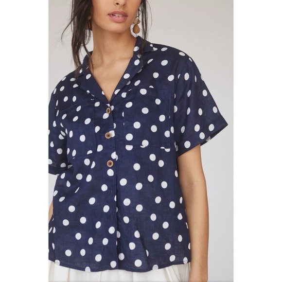 Anthropologie Maeve Top Women’s Buttondown Surf 100% Linen Navy Dot Shirt Sz XS - Picture 2 of 12